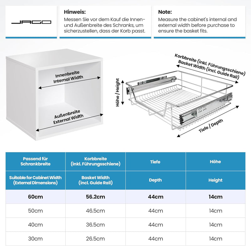 Jago® Teleskopschublade - inkl. Schienen, für Schrankbreite 30 40 50 oder 60 cm, verchromt, Setwahl