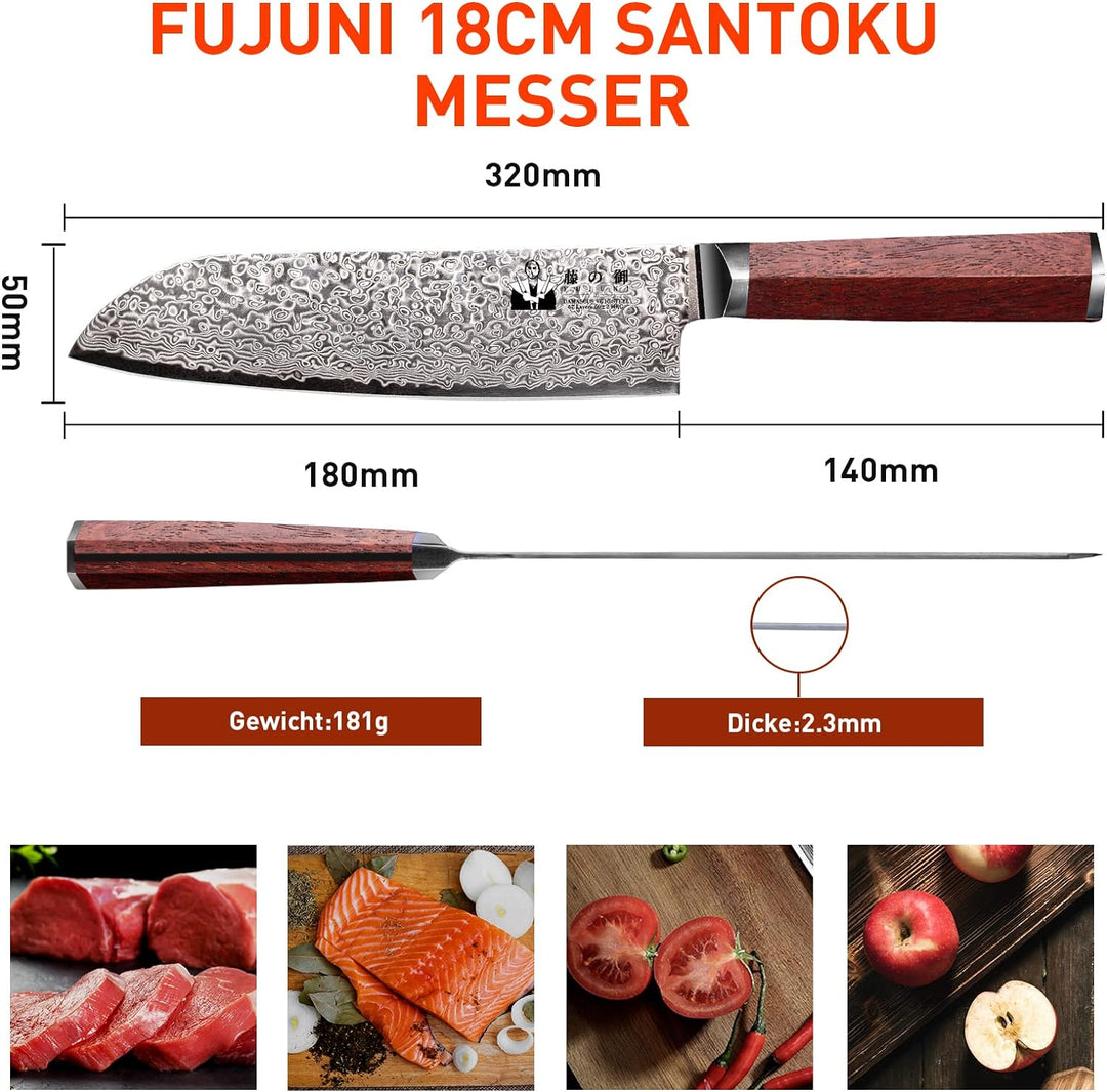 FUJUNI Damastmesser Santoku Messer damast Mit Extrem Scharf 18cm Klinge Aus 67 Lagen VG-10 Damaststa