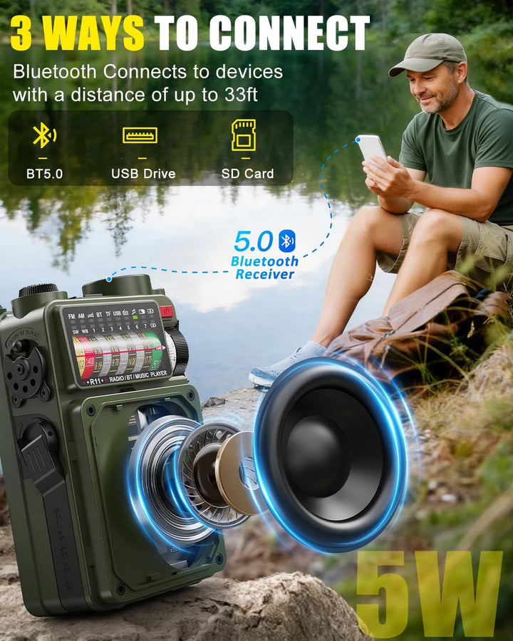 NOAA Wetterradio – 4000 mAh AM/FM/WB/SW Notfall-Radio mit Bluetooth, Taschenlampe, SOS-Alarm, Stromv