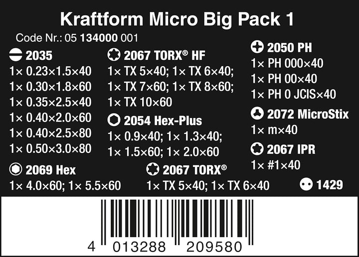 Wera 05134000001 Kraftform Micro Big Pack 1 Schraubendrehersatz, 25-teilig & 05028160001 392 Bit-Han