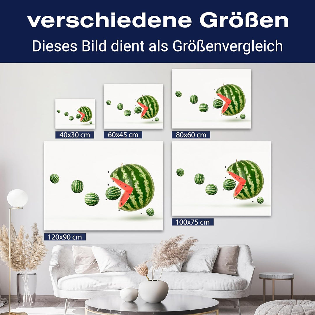 wandmotiv24 Obst & Gemüse als Leinwandbild, 100x75cm, Querformat, Wassermelone, Pacman, Küche, Leben