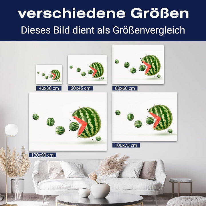 wandmotiv24 Obst & Gemüse als Leinwandbild, 100x75cm, Querformat, Wassermelone, Pacman, Küche, Leben