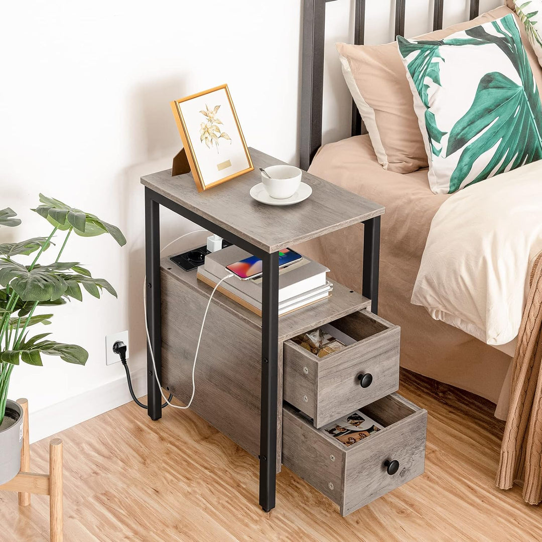 HOOBRO Beistelltisch mit Ladestation, Sofatisch mit 2 Schubladen und USB-Anschluss und Steckdose, Na