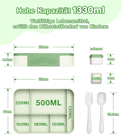 HOBUE Brotdose Kinder Mit Fächern,1330ml Lunchbox Auslaufsichere Bento Box,Vesperbox mit 6 Fächern,