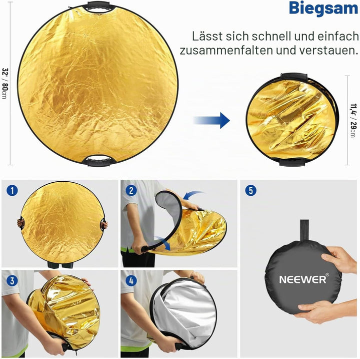 NEEWER 32"/80cm Lichtreflektor mit Handgriff mit 3/8" Gewinde, 5 in 1 Faltscheibe Lichtdiffusor Durc
