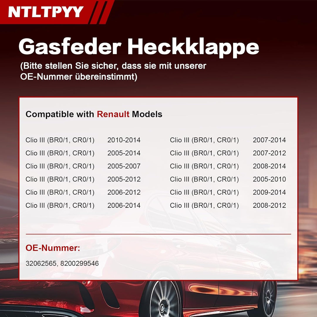 2pcs Gasdruckfeder kompatibel mit Renault Clio III 2005-2014, Exakte 385N Heckklappendämpfer für san