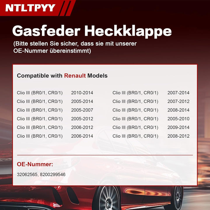 2pcs Gasdruckfeder kompatibel mit Renault Clio III 2005-2014, Exakte 385N Heckklappendämpfer für san
