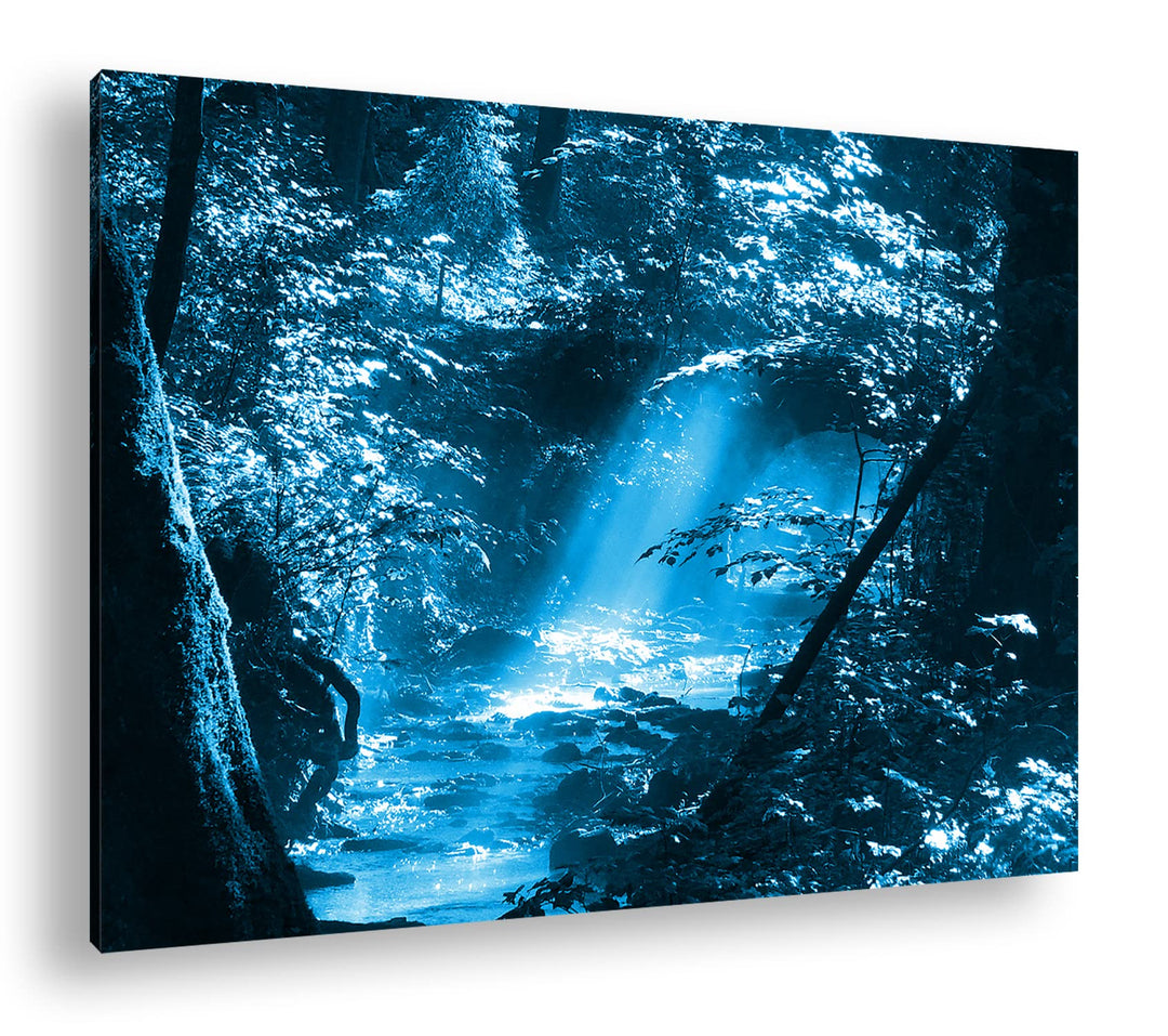 deyoli kleiner Bach im Wald Format 100x70 Effekt: Monocrome Blau als Leinwandbild, Motiv fertig gera