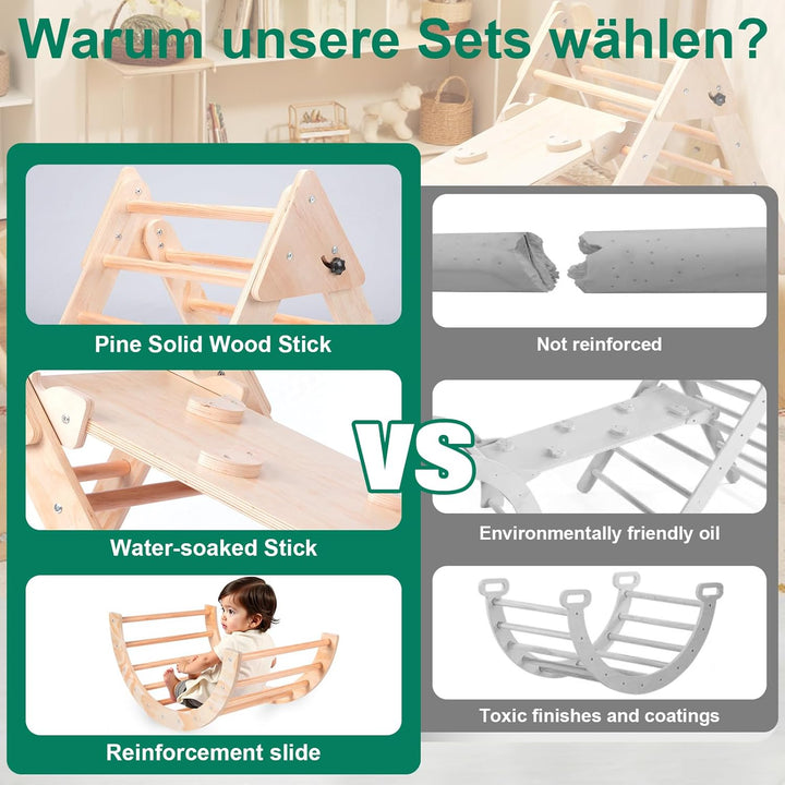 RUIE Klettergerüst Indoor 7-in-1 Kletterdreieck mit Rutsche, Hölzernes Kletterdreieck Set für klette