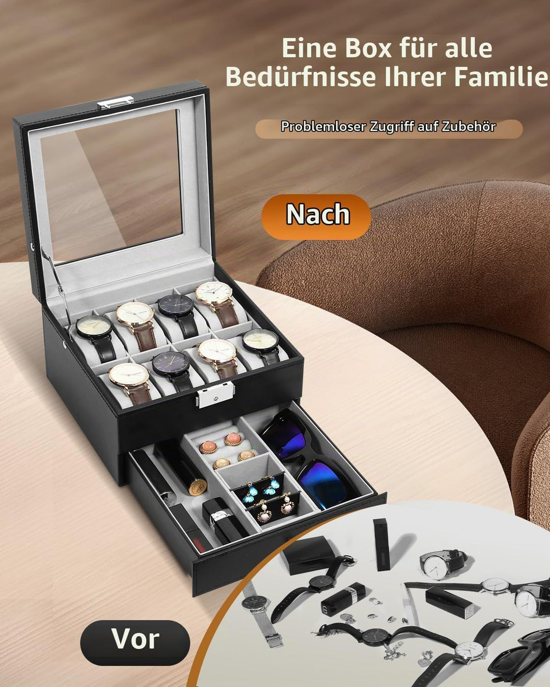 Uten Uhrenbox, 8 Fächern und 1 Schublade mit Schlüsselschloss, Glasdeckel, Schwarzes PU, Graues Samt