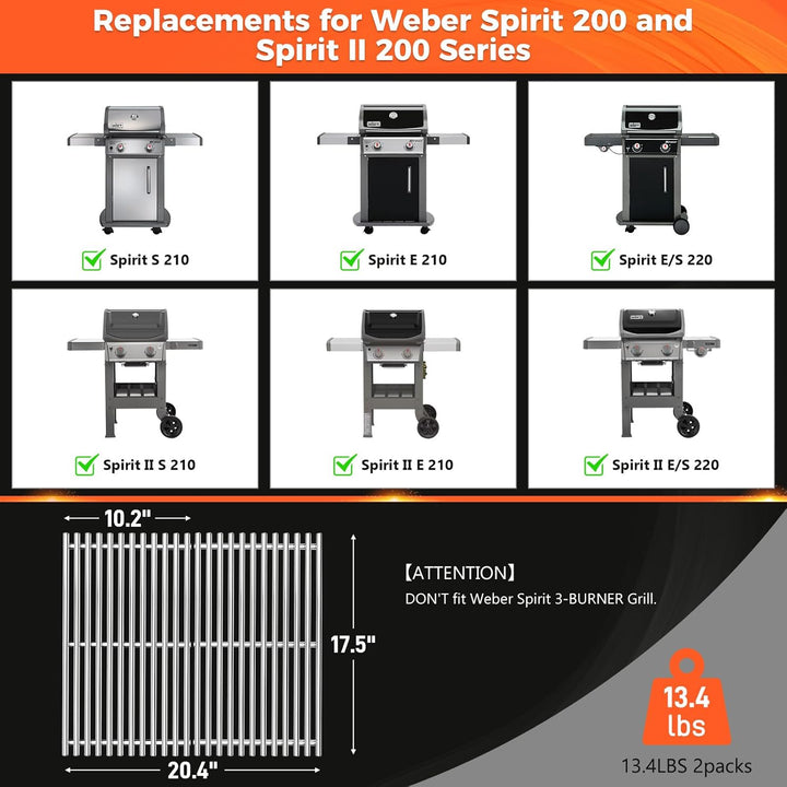 Grillroste Edelstahl für Weber Spirit 200 und Spirit II 200 Serie, 44,5 cm, passend für Spirit E210