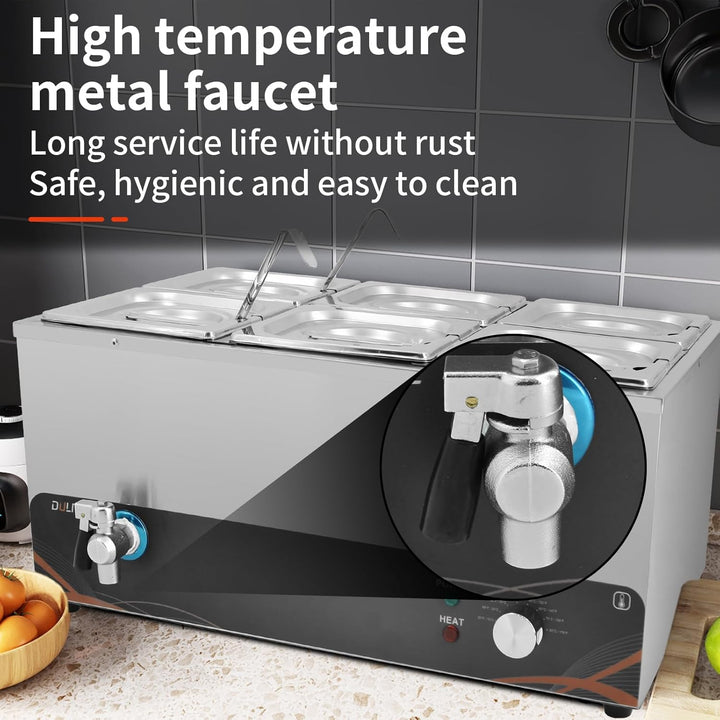 DULNICE Bain Marie Speisewärmer Elektrische Edelstahl 1500W 6 GN-Behältern Wasserbad mit Ablaufhahn,