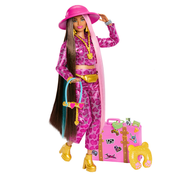 Barbie Extra Fly - Safari-Reise-Puppe mit pinkem Outfit und Zubehör, beweglicher Körper, 15 Accessoi