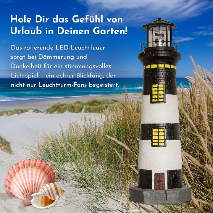NATIV LEMODO Gartendeko Leuchtturm 83cm hoch | Handbemalte Gartenfigur mit solarbetriebenem, rotiere