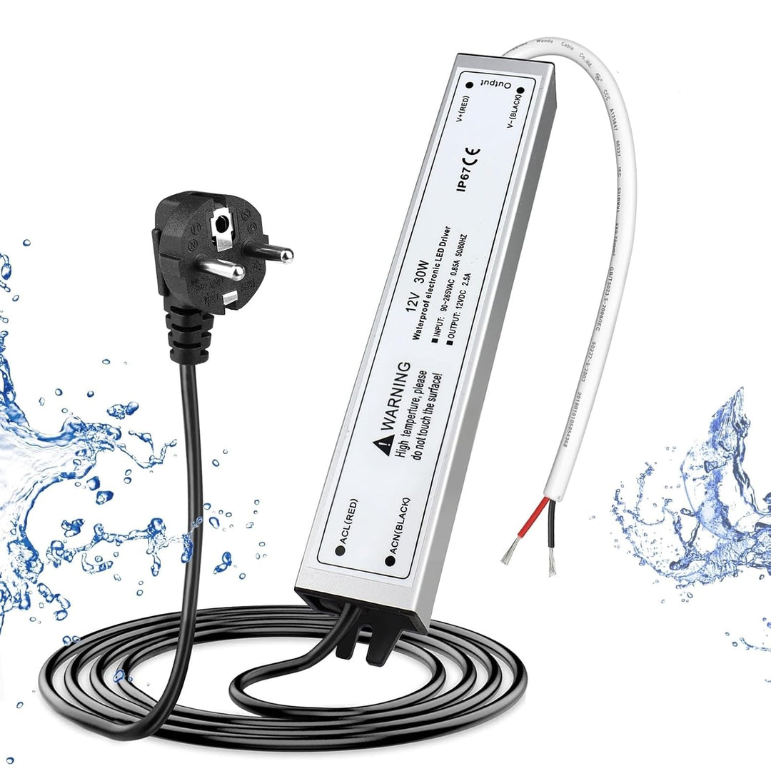 LED Trafo 12V 30W IP67, Outdoor Wasserdicht Transformator mit Stecker, LED Netzteil Treiber 230V auf