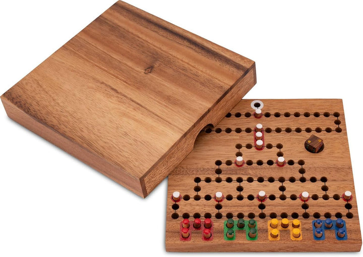 LOGOPLAY Blockade Reisespiel im Holzkasten - 18cm x 18cm - Würfelspiel - Strategiespiel - Gesellscha