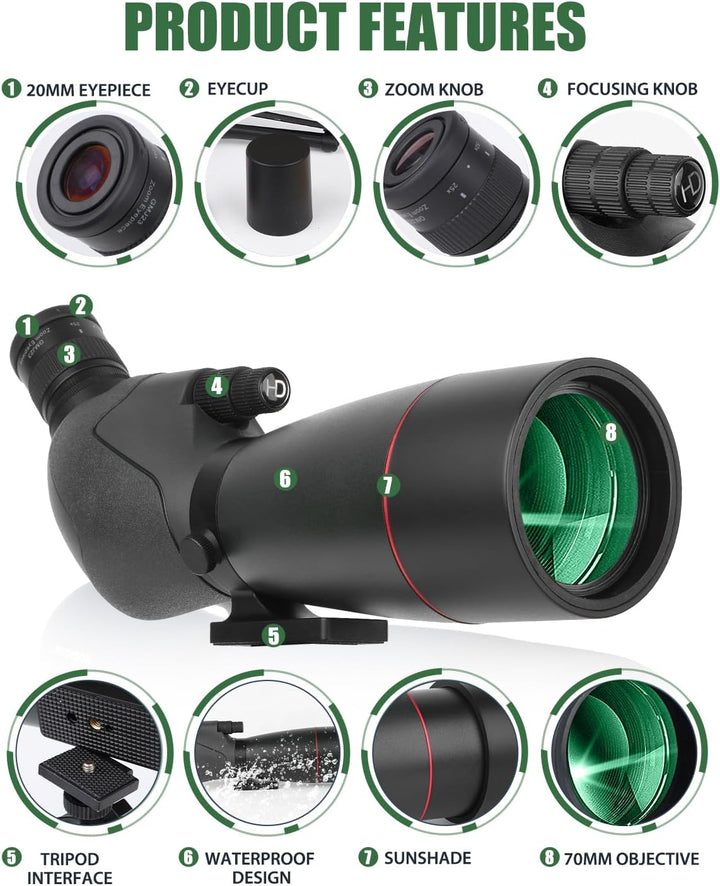 25-75x70 HD Spektiv Sportschützen mit Stativ- und Smartphone-Adapter, Zoom Bak4 Prism FMC Lens 45-Gr