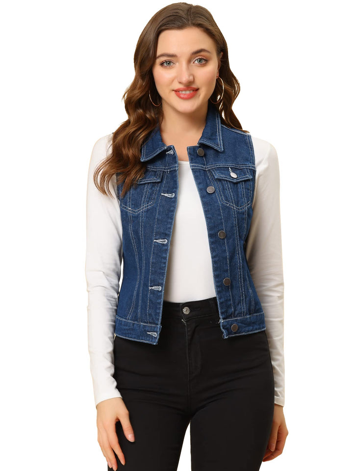 Allegra K Damen Denim Vest Collegejacke L Dunkelblau-1, L Dunkelblau-1