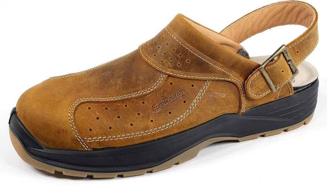 EuroRoutier Premium Leather Tucson Braun Clogs, SB+A+E+FO+SRC-zertifizierte, Sicherheitsclogs 46 EU