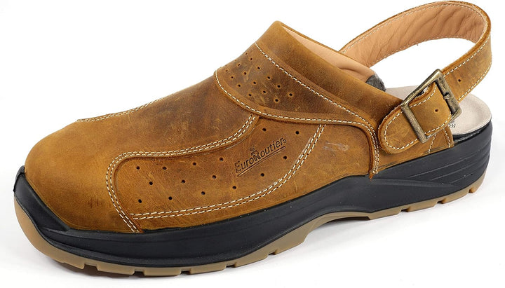 EuroRoutier Premium Leather Tucson Braun Clogs, SB+A+E+FO+SRC-zertifizierte, Sicherheitsclogs 46 EU
