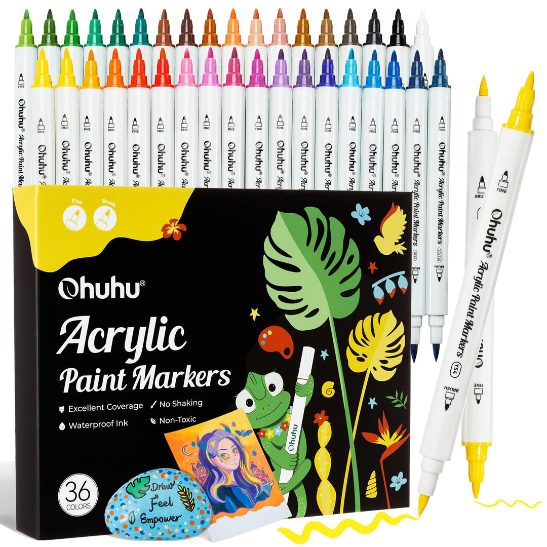 Ohuhu Acrylstifte, 36 Farben Acrylic Marker mit feiner und Pinselspitze(Doppelspitze) - Wasserfest,