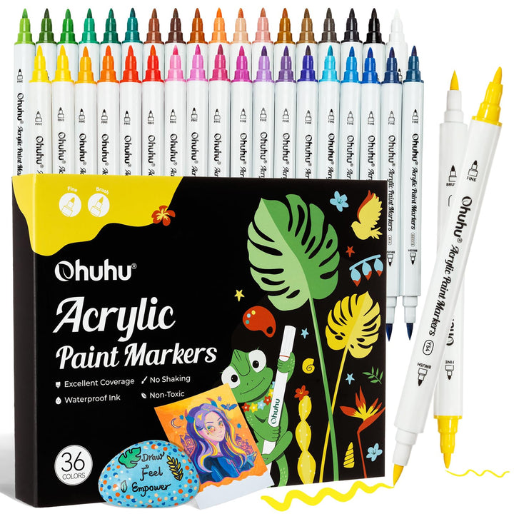 Ohuhu Acrylstifte, 36 Farben Acrylic Marker mit feiner und Pinselspitze(Doppelspitze) - Wasserfest,