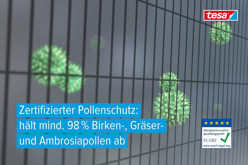 tesa Pollenschutzgitter - zuschneidbarer, transparenter Pollenschutz für Allergiker Anthrazit - 120