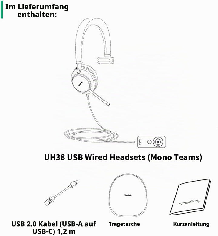 Yealink USB Headset UH38,Microsoft Teams Zertifizierte Mono/EIN Ohr Kopfhörer mit Noise Cancelling M