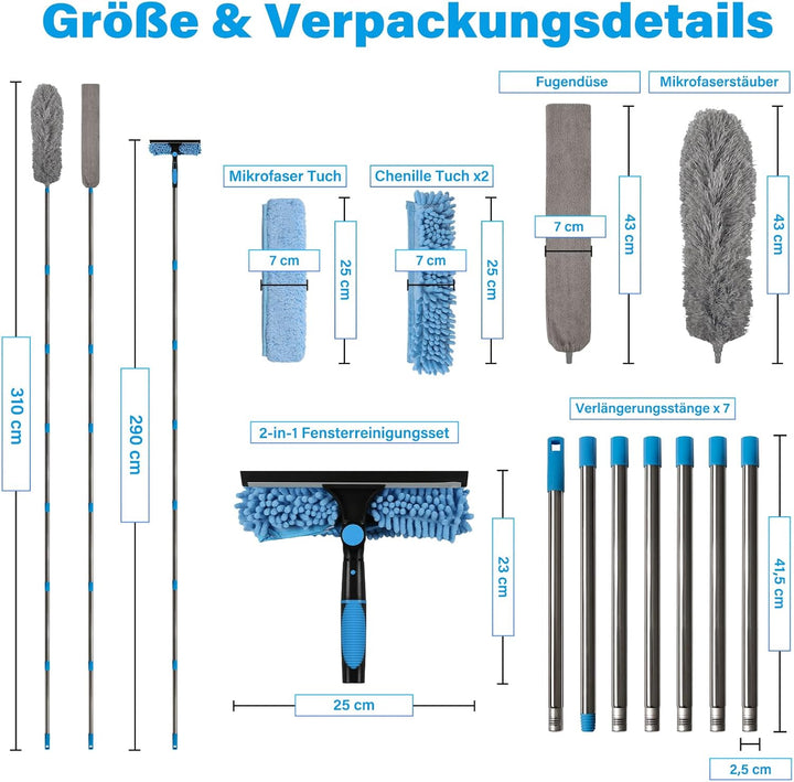marysgift 2,9 M Teleskop Fensterwischer Abzieher Set, Staubwedel Teleskop,2 in 1 Teleskopstange Fens