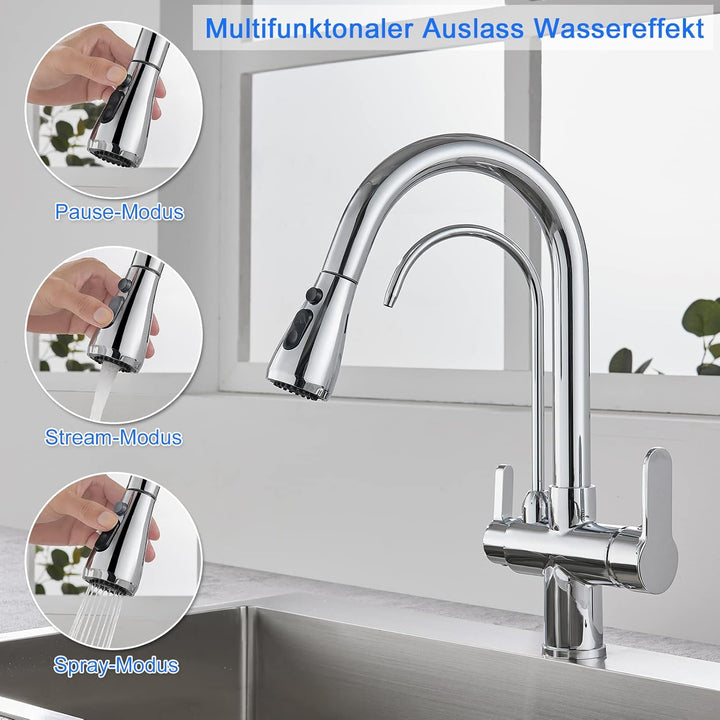 KEOKBON 3 Wege Küchenarmatur mit Ausziehbarer Brause, 3 in 1 Mischbatterie Trinkwasserhahn Küche Was
