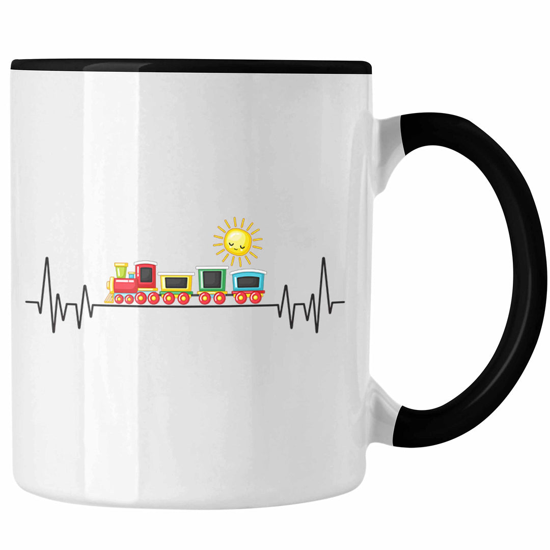 Trendation - Zug Züge Herzschlag Tasse Geschenk für Eisenbahner Zugführer Hobby Geschenkidee (Schwar