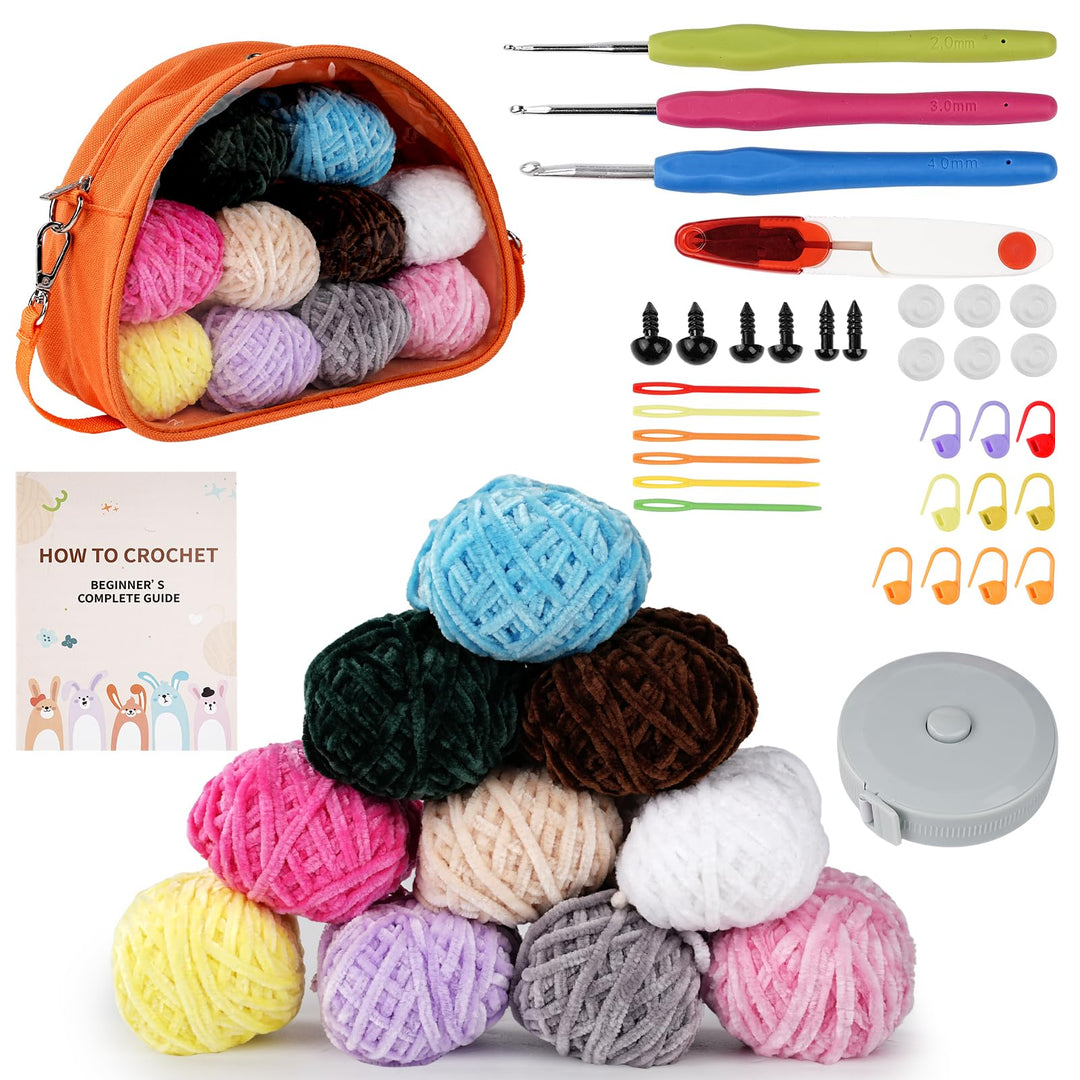 LetCart 36 Stück Häkelset für Anfänger, 10 Farben Chenille-Garn Häkelnadeln Stricknadeln, 3 Häkeln,