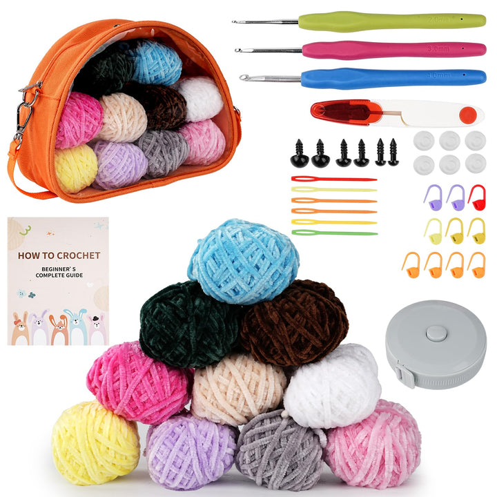 LetCart 36 Stück Häkelset für Anfänger, 10 Farben Chenille-Garn Häkelnadeln Stricknadeln, 3 Häkeln,