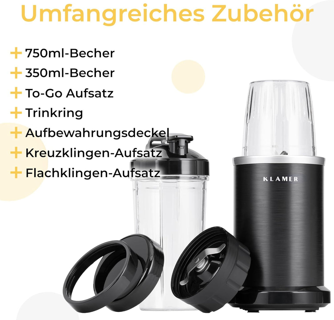 KLAMER Bullet Mixer 1000 Watt, Smoothie Maker, elektrischer Shake Mixer mit 2 Mixbehältern, 2 Klinge