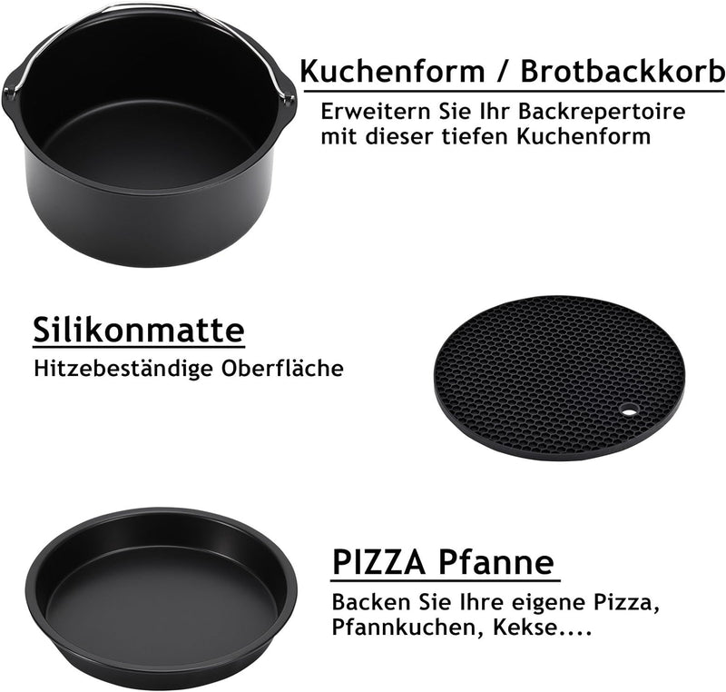 Monzana Heissluftfritteuse Zubehör 8tlg. Fritteuse Set inkl. Brotbackkorb 3,6L Pizzapfanne Silikonpf