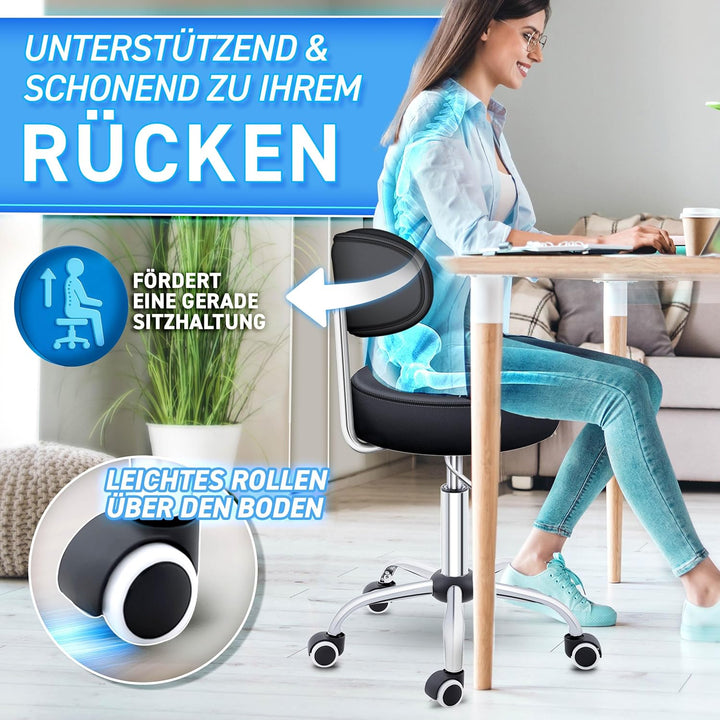 TRESKO® Rollhocker mit Lehne Schwarz | Arbeitshocker höhenverstellbar 46-58 cm | Drehhocker mit Roll