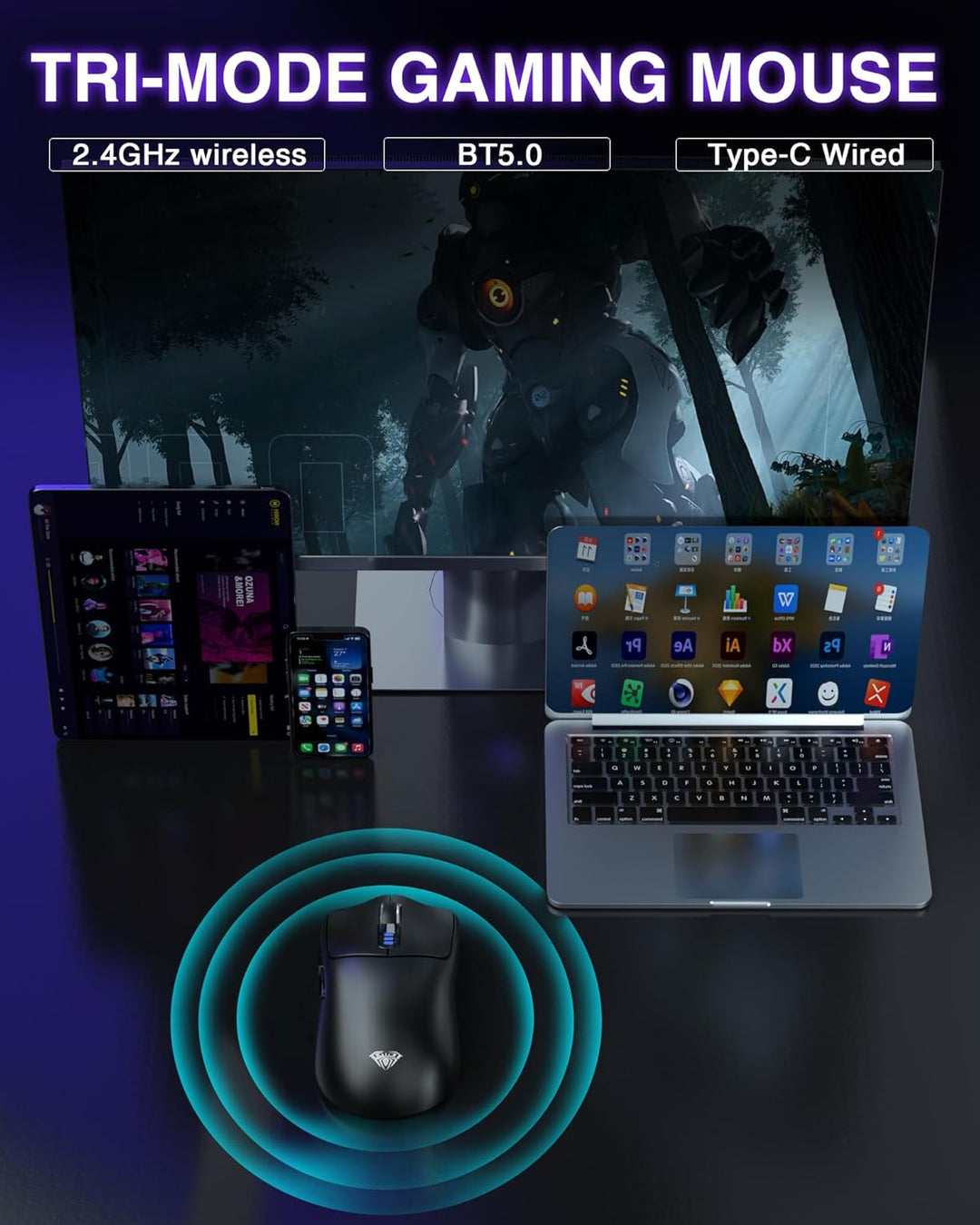 AULA SC580 Gaming Maus Kabellos,2.4GHz/USB-C/BT Wireless Gaming Mouse,12000DPI,6 Programmierbare Tas