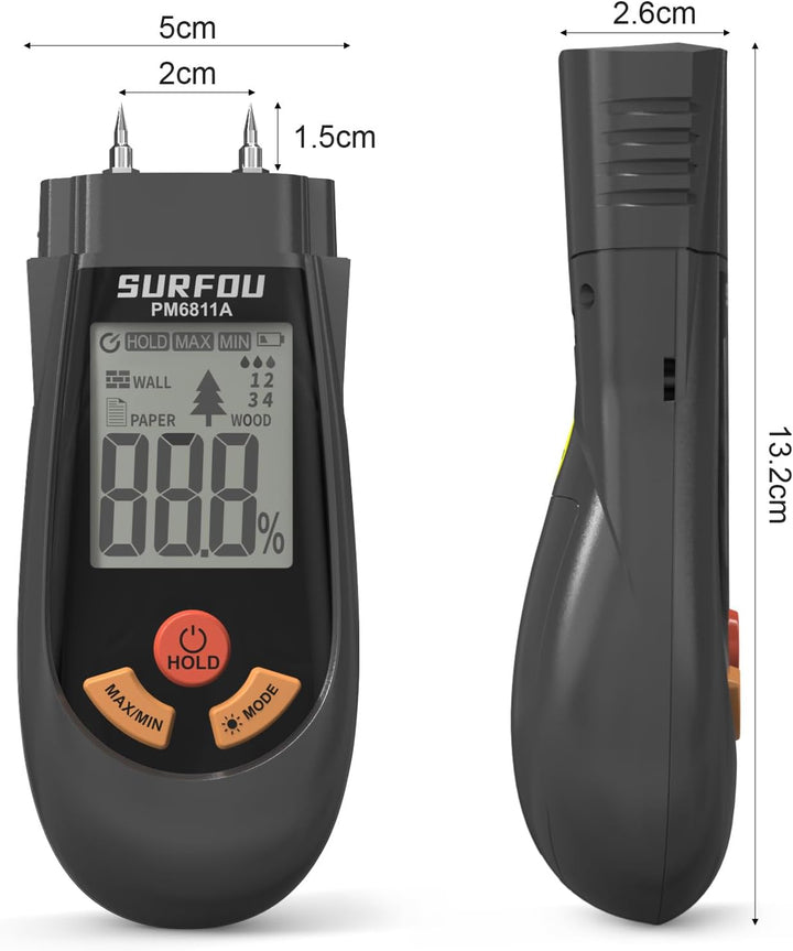 SURFOU Feuchtigkeitsmessgerät für Wand, Holz, Papier, Digitaler Feuchtigkeitsmesser mit 3 Modi & LED
