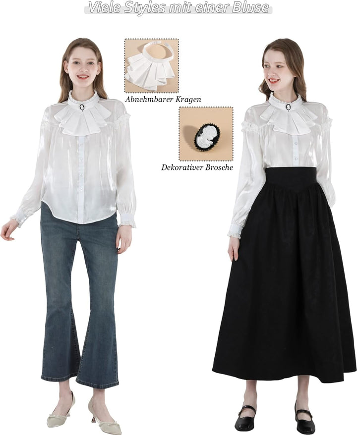 Damen Viktorianisch Bluse Vintage Schleifenhemd Stehkragen mit Ruff Langarmshirt Mittelalter Bluse L