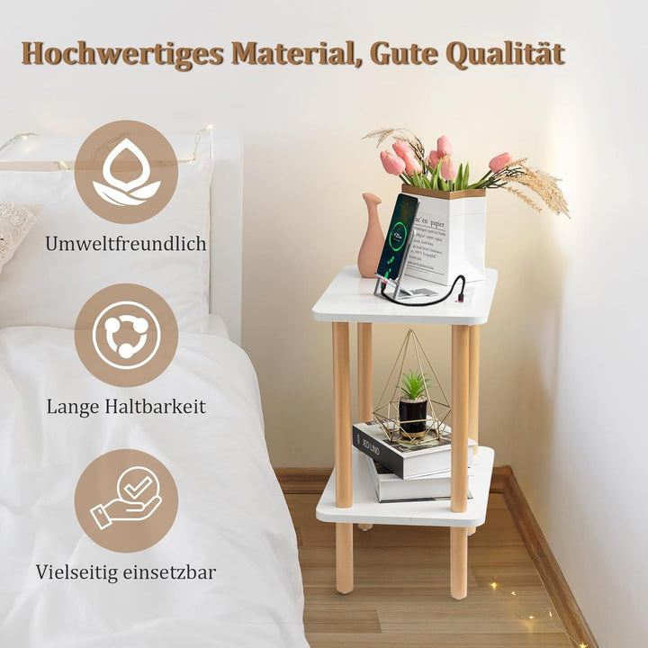 FORAOFUR Beistelltisch Holz, Beistelltisch klein mit Ladestation, Nachttisch klein, 2 Ebenen Telefon