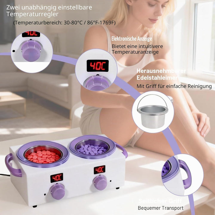 Dualer Wachserhitzer mit elektronischem Display, 2x500ML Gesamtkapazität, Doppelwachs-Topf, 220 W Wa