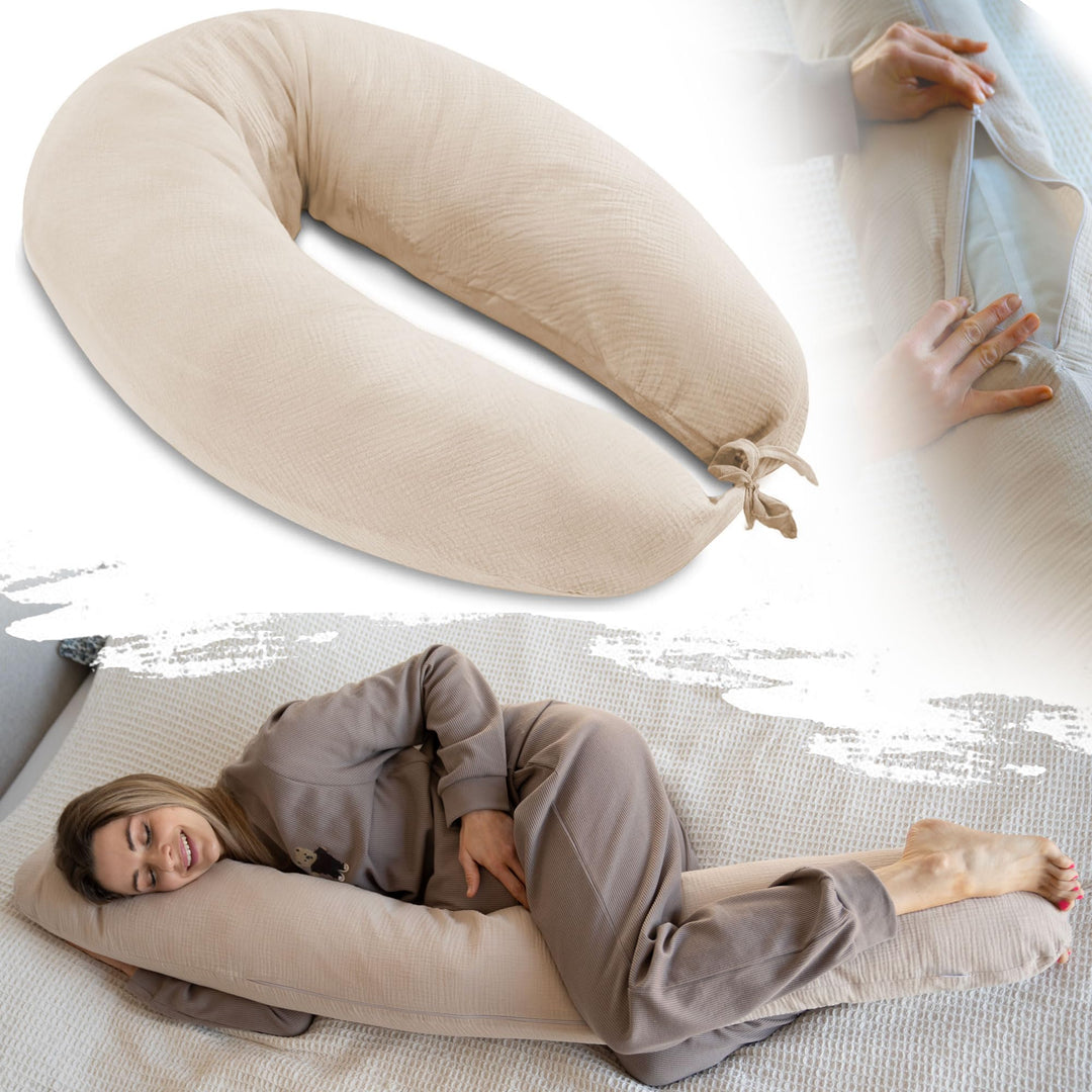 PaLulli® XL Nursing Pillow, 170 x 30 cm Muslin Cover, Pregnancy, Side Sleeper Pillow, Nursing Cover,