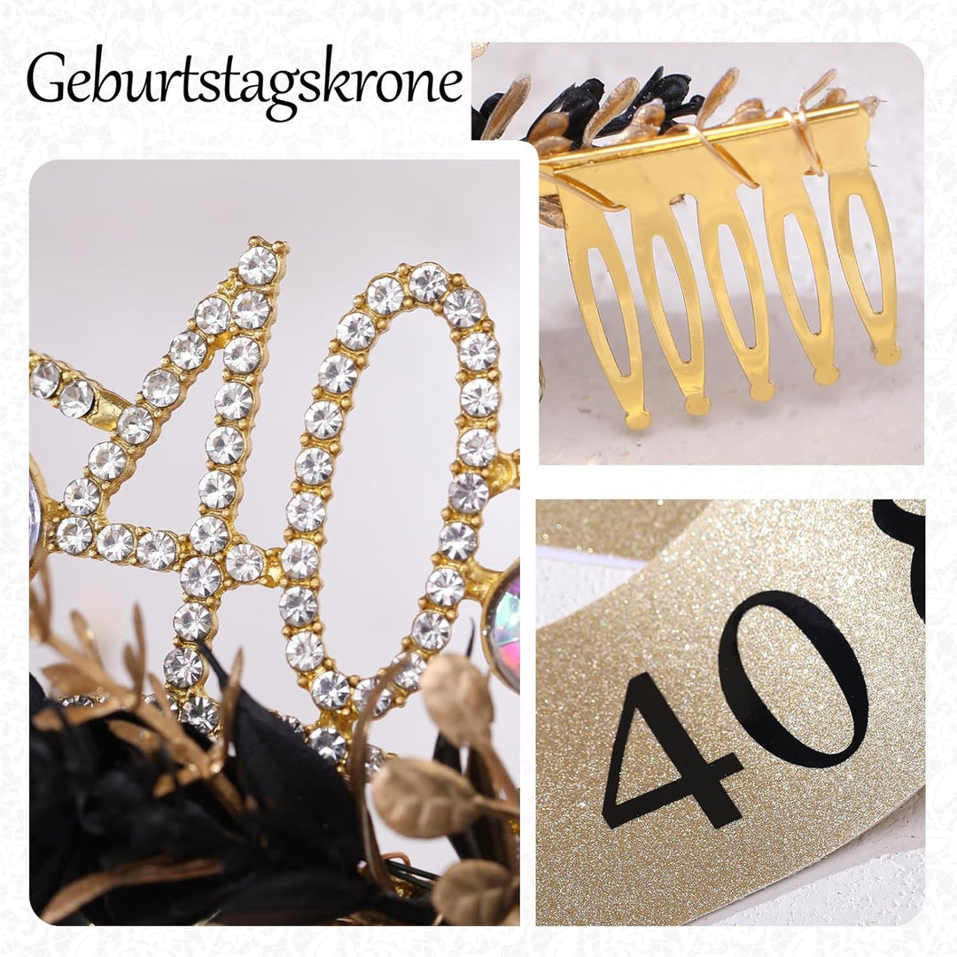 Geburtstagskrone Schärpe Set, Schwarz-Goldene Blumen Tiara Krone und Schärpe, Geburtstagsgeschenk fü