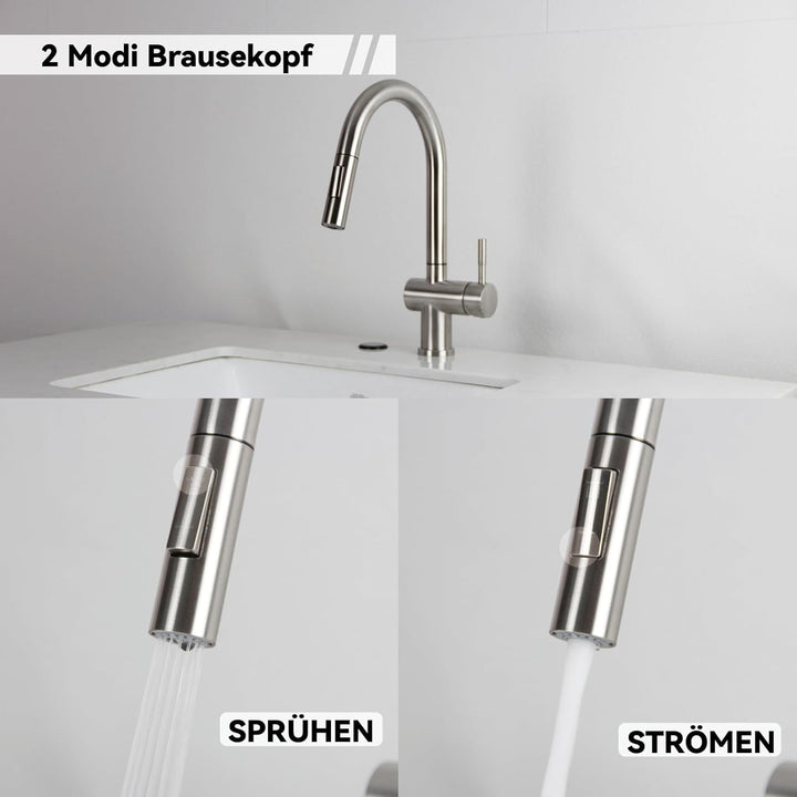 Wasserhahn Küche, SEMANEY Hochdruck Küchenarmatur mit 2 Modus Brause Ausziehbar, Mischbatterie küche