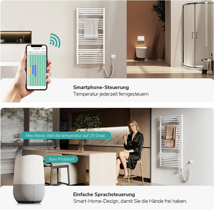 EMKE WiFi Badheizkörper Elektrisch 1200x600 mm - Gebogen Handtuchheizkörper Elektrisch, Elektrischer