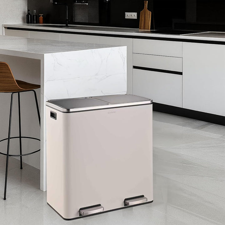 Floordirekt Mülleimer Küche 2×30L Weiss | 2-Fach Mülltrennung, Treteimer Küche, Metall, Soft-Close,