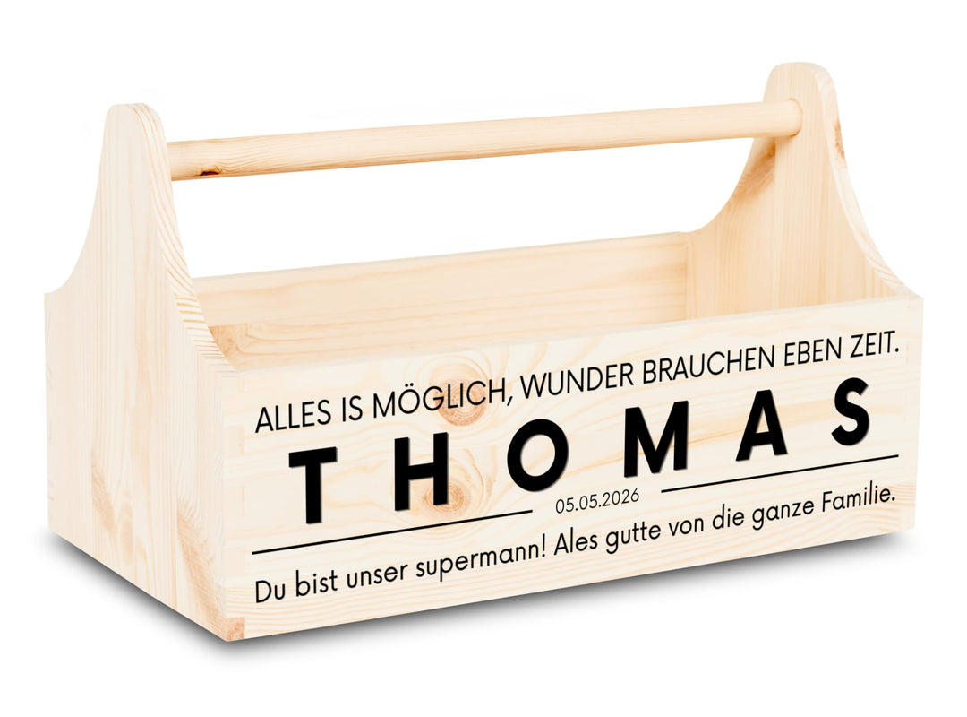 Pinus Personalisierte Werkzeugkiste aus Holz 34x18x20,5 cm - Holz Werkzeugkasten mit Griff, personal