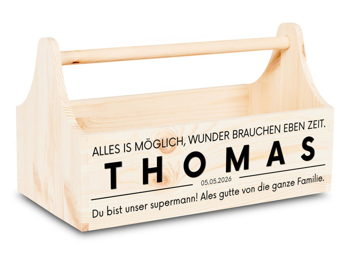 Pinus Personalisierte Werkzeugkiste aus Holz 34x18x20,5 cm - Holz Werkzeugkasten mit Griff, personal