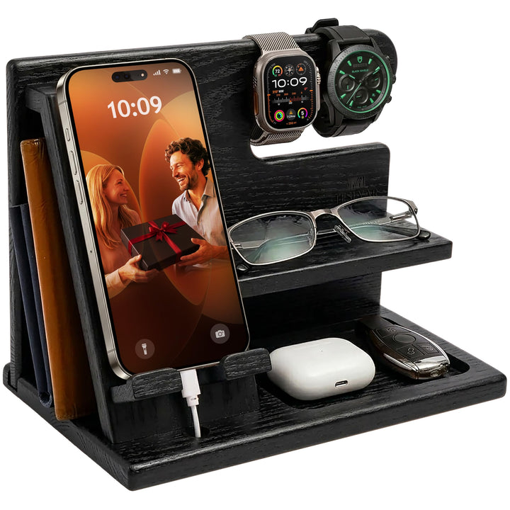 TESLYAR Holz Telefon Dockingstation Männer Esche Schwarz - Schreibtisch Organizer Holz, Handy &amp; Schl