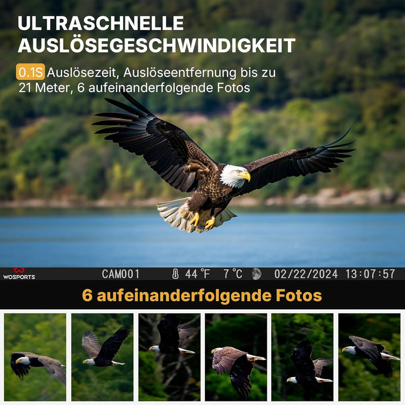 Wosports Wildkamera 4K HD Wildtierkamera, 33MP WLAN Nachtsichtkamera mit Bewegungsmelder, 0,1 s Ausl